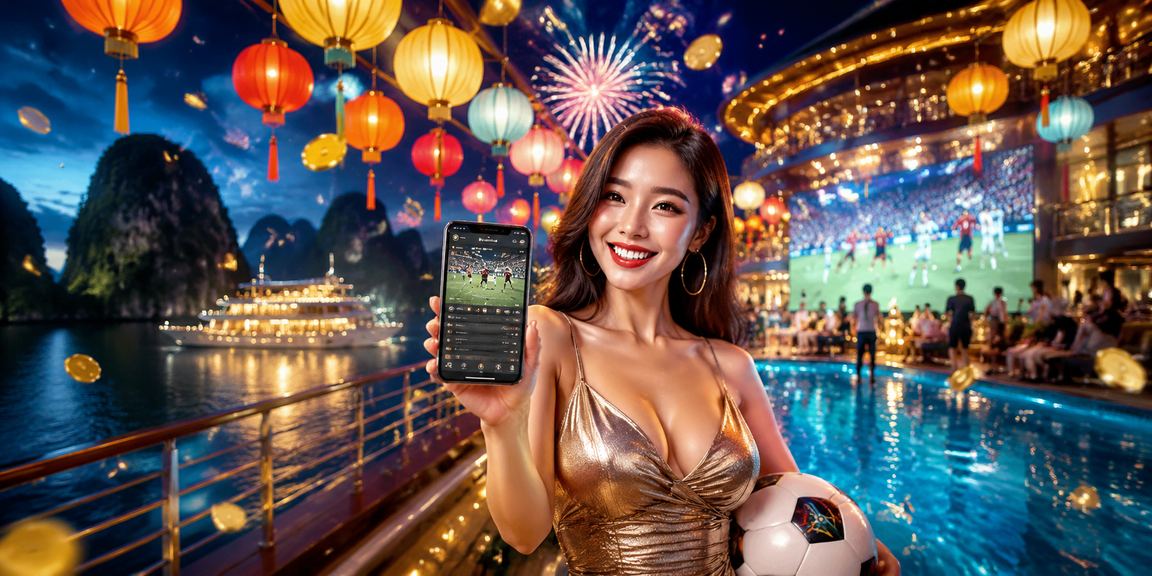 Người dùng sử dụng ứng dụng casino 5998 tại chợ đêm vịnh Hạ Long dưới ánh đèn lung linh