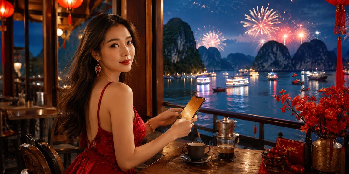 Người dùng đăng ký tài khoản High Roller buổi sáng tại vịnh Hạ Long với ly cà phê trên tay